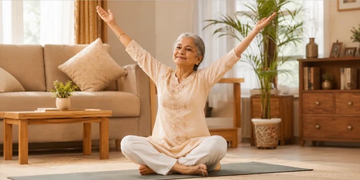 Physiotherapist guiding gentle exercise at home