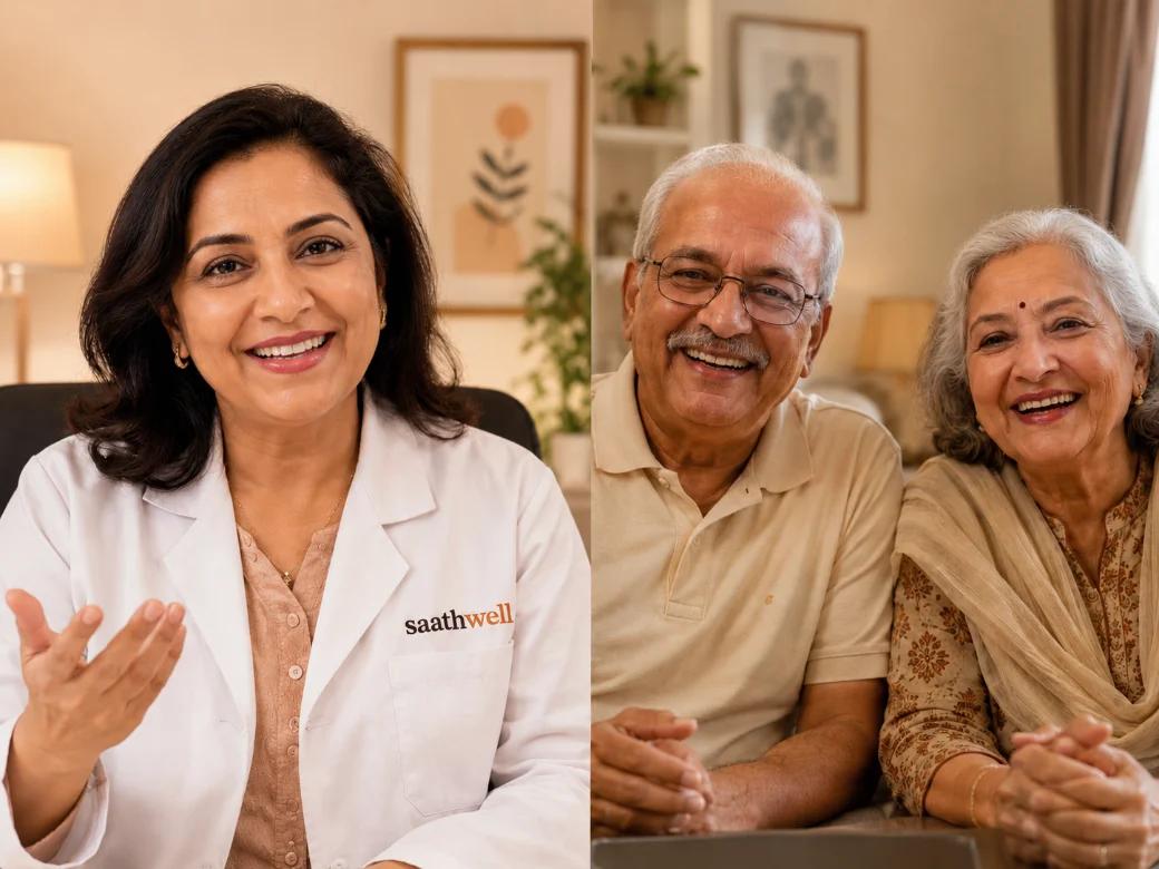 A warm doctor on a video call, laughing with your parents